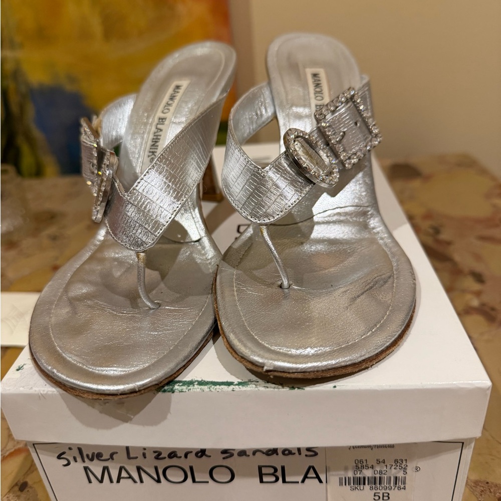 Manolo Blahnik Metallic Silver Sandals
